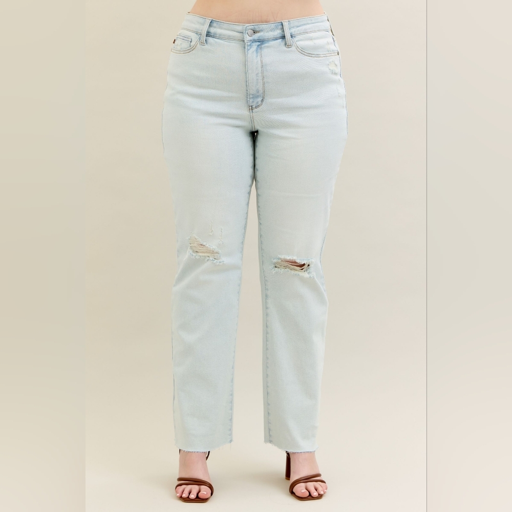 Judy Blue High-Rise Bootcut Jeans Relaxed Distressed Torn Knee Hole Denim Pants